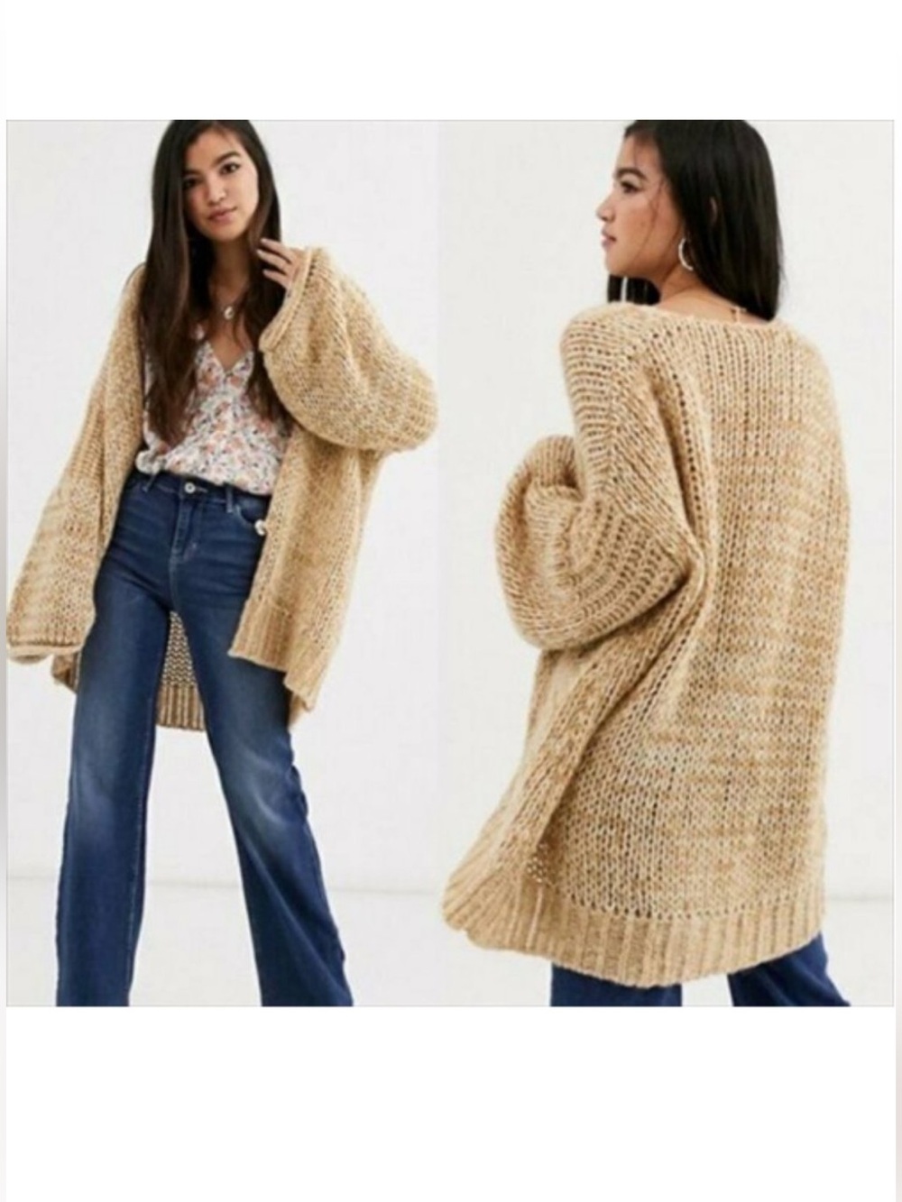 EUC Free People Home Town Volume Sleeve Sweater Cardigan Wool Alpaca Woods S/M